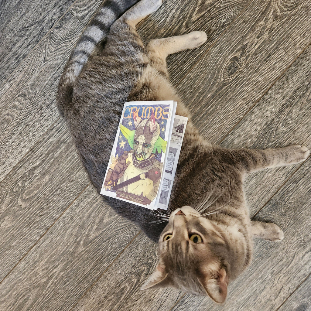 Poopy the cat approving Crumbs Zine 