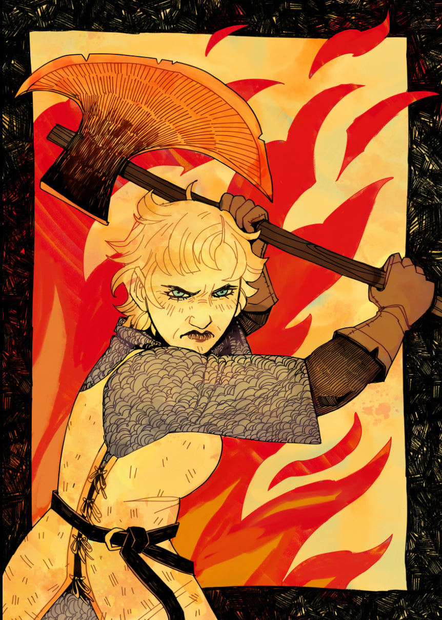 Lady knight with axe and fire. Crumbs Comic Lilie print