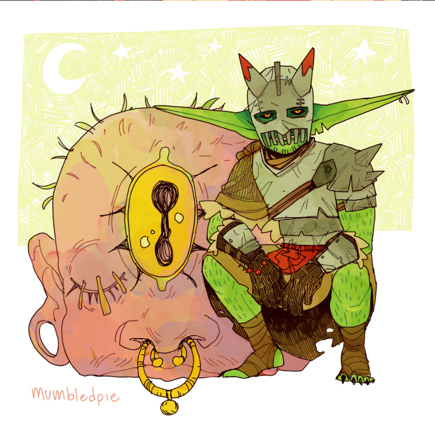 A square art print featuring a whimsical illustration of a green-skinned fantasy Goblin with horns and a mask, posed over a large pink cyclops.
