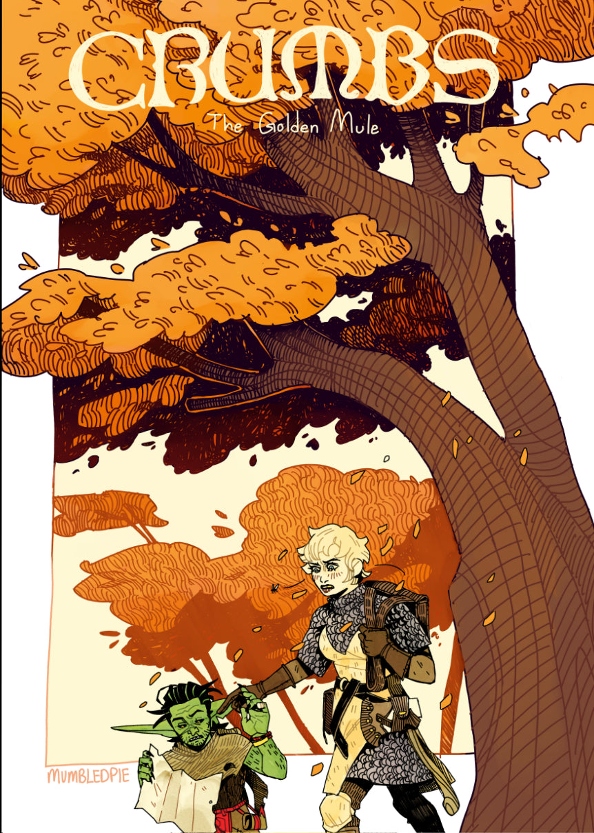 CRUMBS comic book art print. Featuring Crumbs the goblin and Lilie the novice Knight. Dark Fantasy 