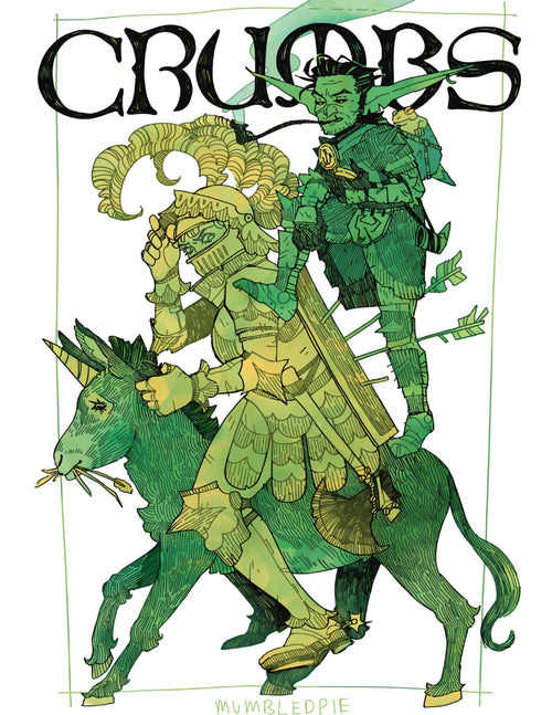 CRUMBS comic book art print. Featuring Crumbs the goblin, Lilie the novice Knight and the golden Mule unicorn. Dark Fantasy 