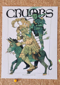 CRUMBS comic book art print. Featuring Crumbs the goblin, Lilie the novice Knight and the golden Mule unicorn. Dark Fantasy 