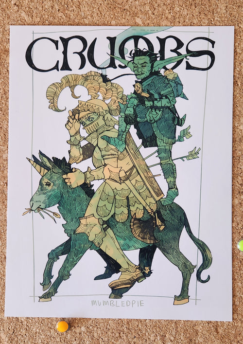 CRUMBS comic book art print. Featuring Crumbs the goblin, Lilie the novice Knight and the golden Mule unicorn. Dark Fantasy 