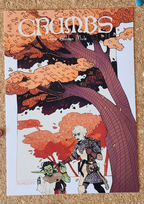 CRUMBS comic book art print. Featuring Crumbs the goblin and Lilie the novice Knight. Dark Fantasy 