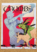 CRUMBS cover 4 Stick and Bone. Lilie the novice Knight swings an axe while Crumbs the goblin rides the golden Mule. Comic cover.  