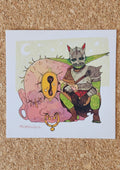A square art print featuring a whimsical illustration of a green-skinned fantasy Goblin with horns and a mask, posed over a large pink cyclops.