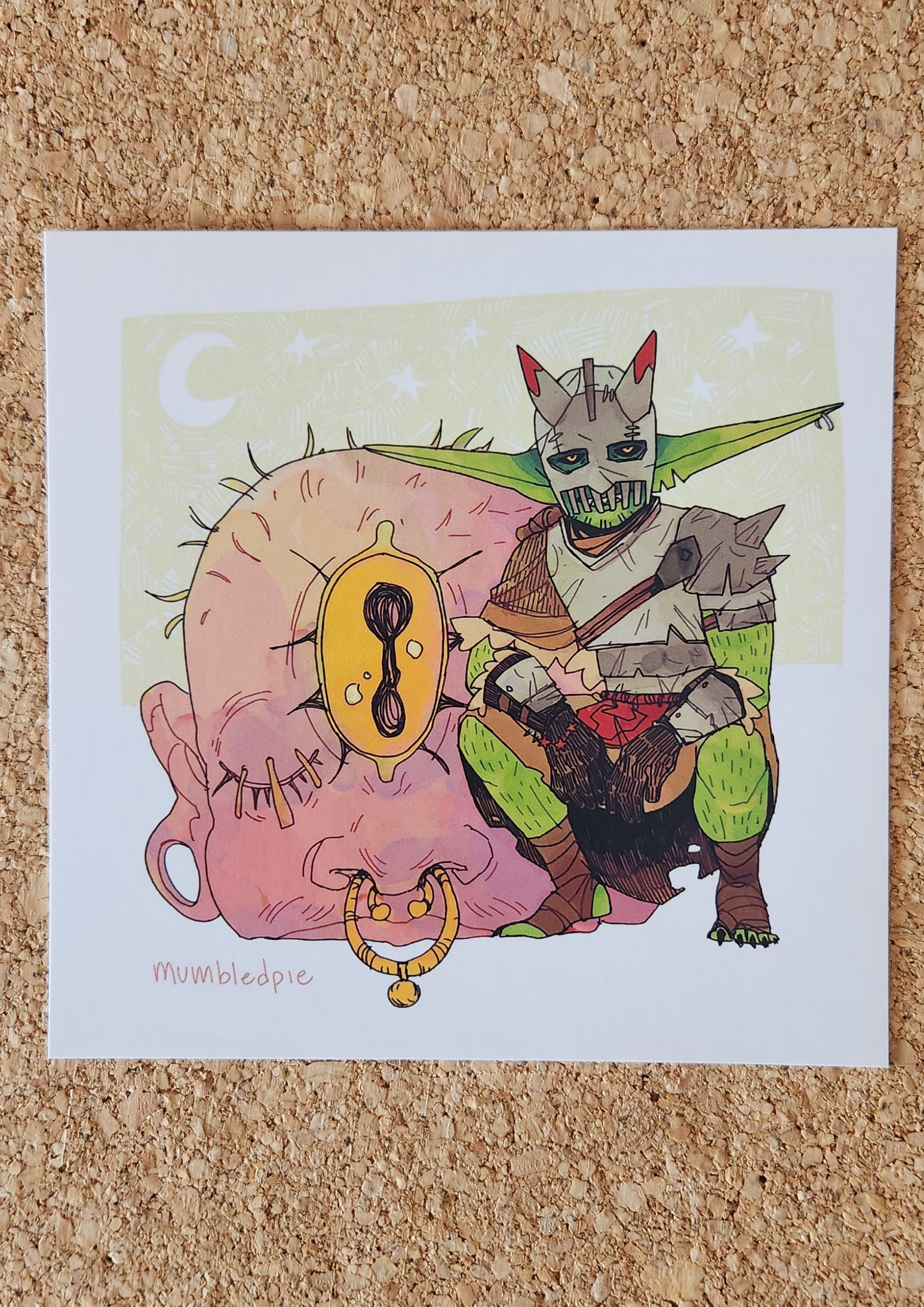 A square art print featuring a whimsical illustration of a green-skinned fantasy Goblin with horns and a mask, posed over a large pink cyclops.