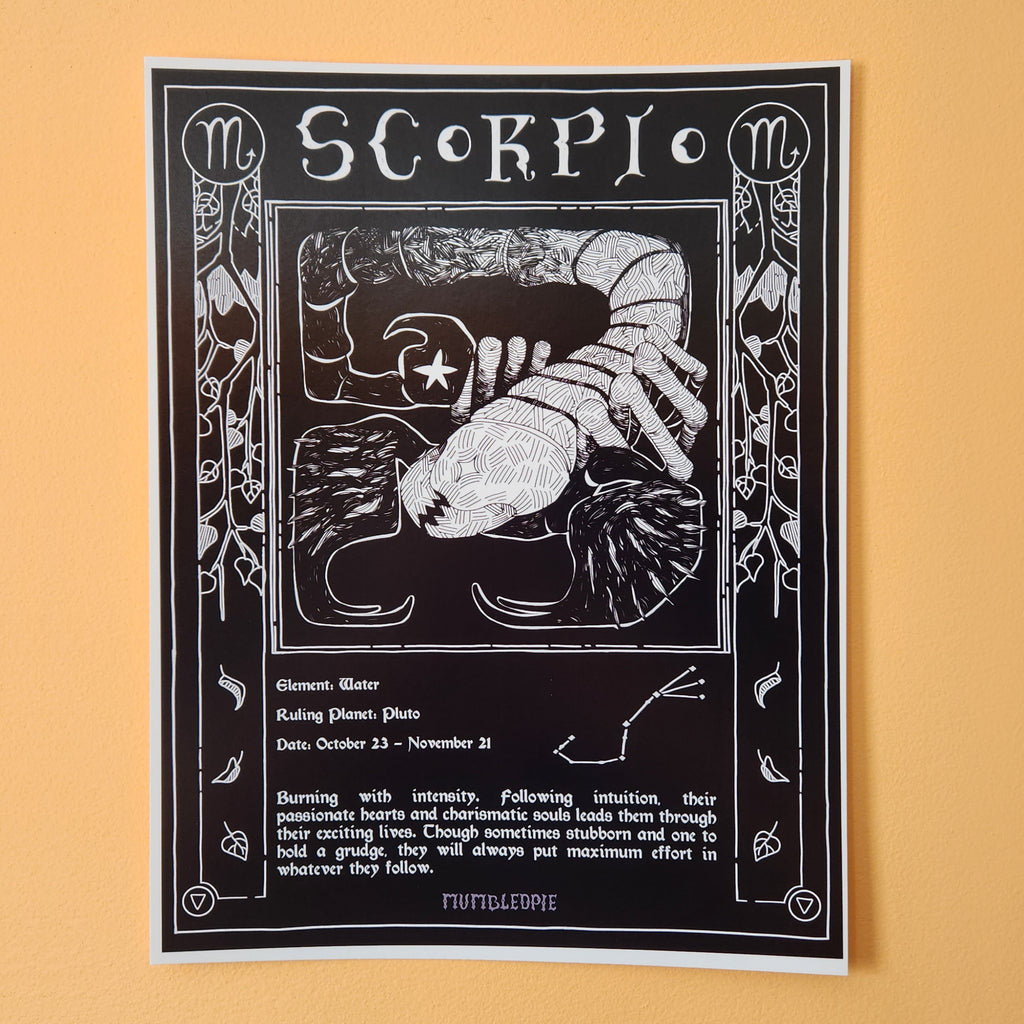 A black and white graphic style poster of a Scorpio with descriptive text below about the zodiac sign. Scorpio Zodiac index page. On wall