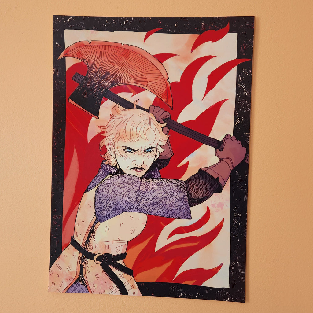 Lady knight with axe and fire. Crumbs Comic Lilie print. On wall