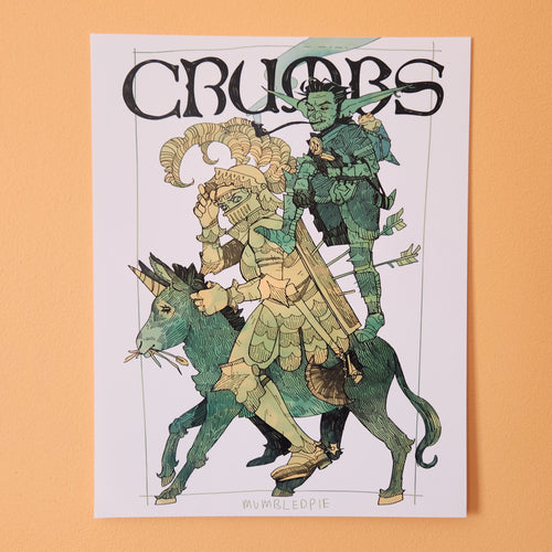 CRUMBS comic book art print. Featuring Crumbs the goblin, Lilie the novice Knight and the golden Mule unicorn. Dark Fantasy 