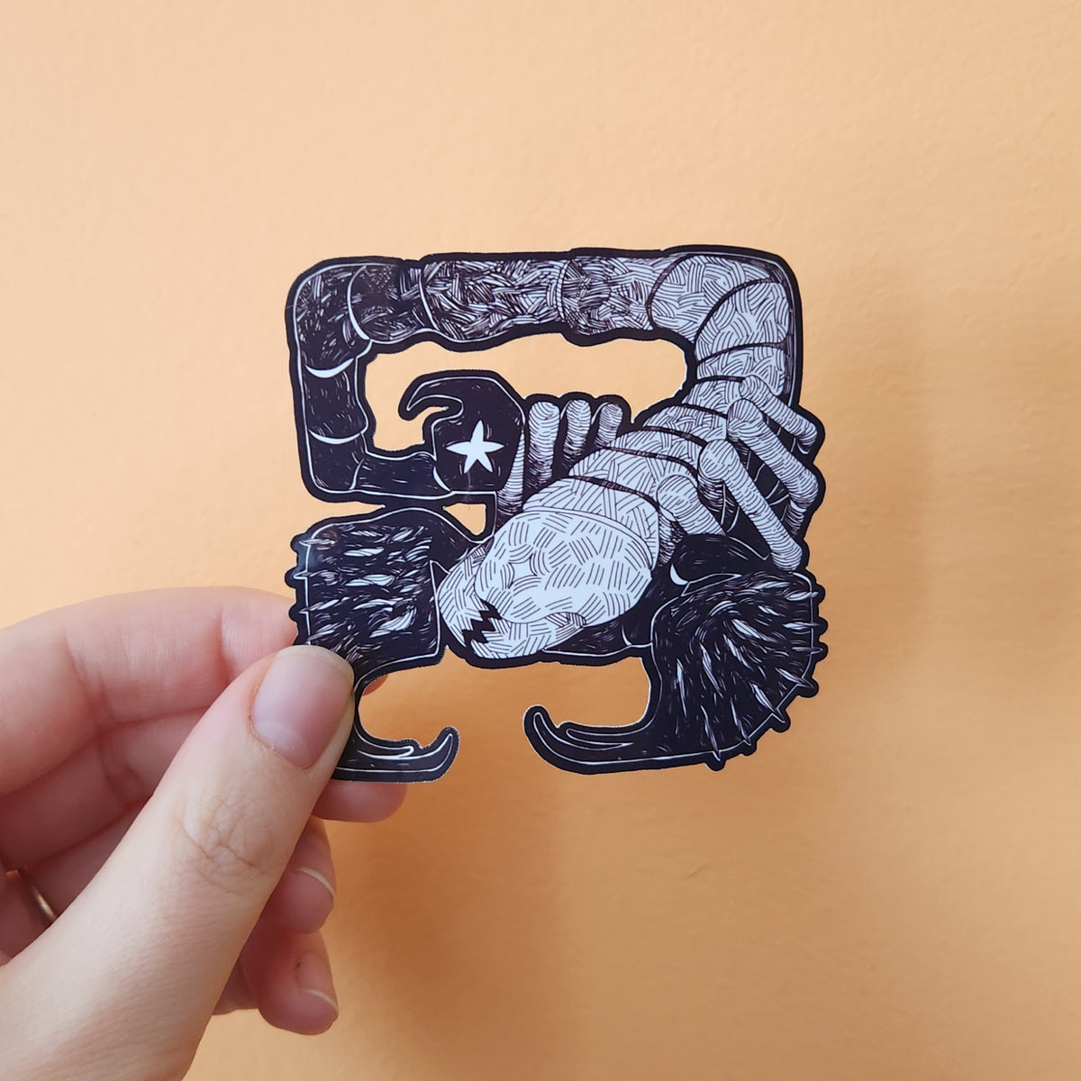 Scorpio Black & White Sticker 3x3 Pen and ink illustration 