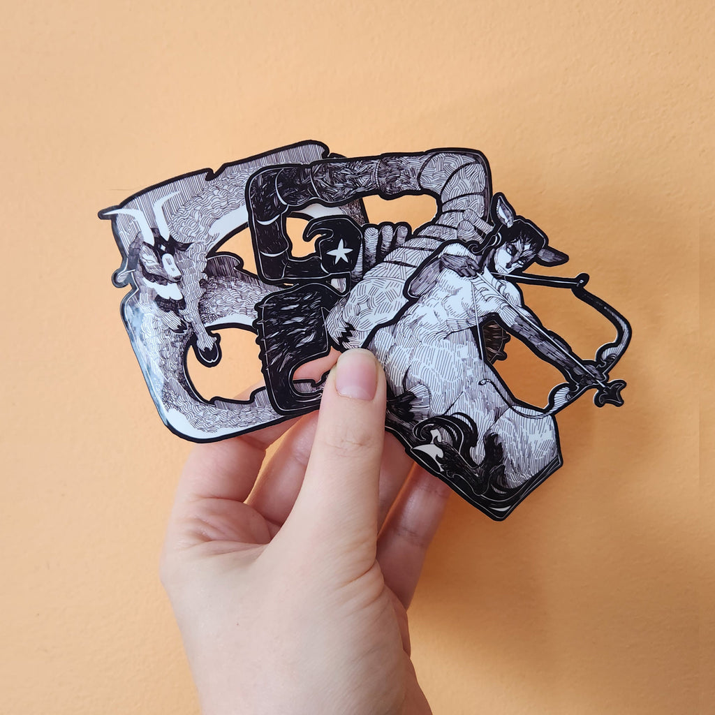 Zodiac Black & White Sticker 3x3 Pen and ink illustration set 1