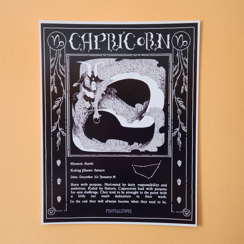 A black and white graphic style poster of a capricorn with descriptive text below about the zodiac sign. Capricon Zodiac index page. Poster on wall