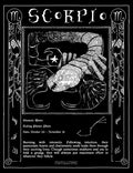 A black and white graphic style poster of a Scorpio with descriptive text below about the zodiac sign. Scorpio Zodiac index page.