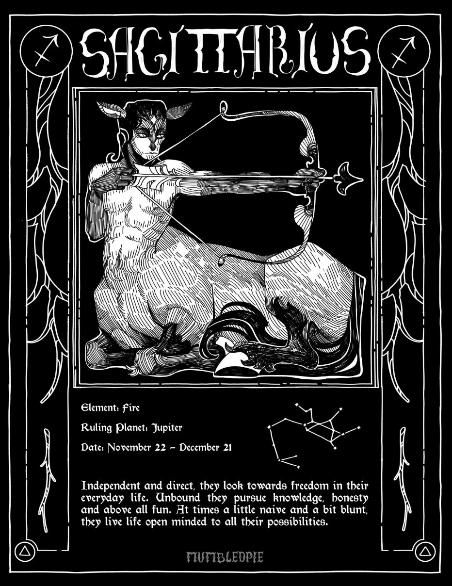 A black and white art print featuring a detailed illustration of a Sagittarius zodiac sign. The print includes astrological details such as the ruling planet Jupiter, dates from November 22 to December 21, and a short description of the Sagittarius personality, all framed by an ornate border. Zodiac index